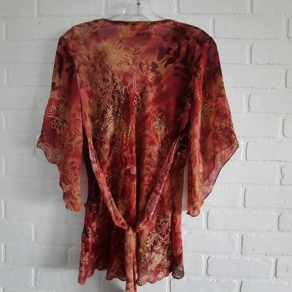 Laura Petites Rust tones Gold Glitter Semi Sheer Layered Tie Back Blouse Small P - Picture 6 of 11
